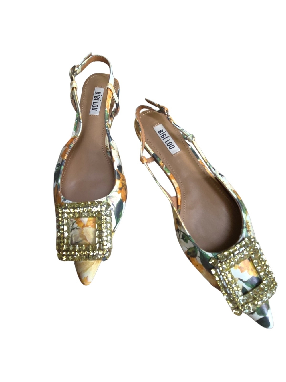 Bibi Lou Yellow Floral Embellished Slingback Flats Sz 38 = US 7.5 Brand New ♡